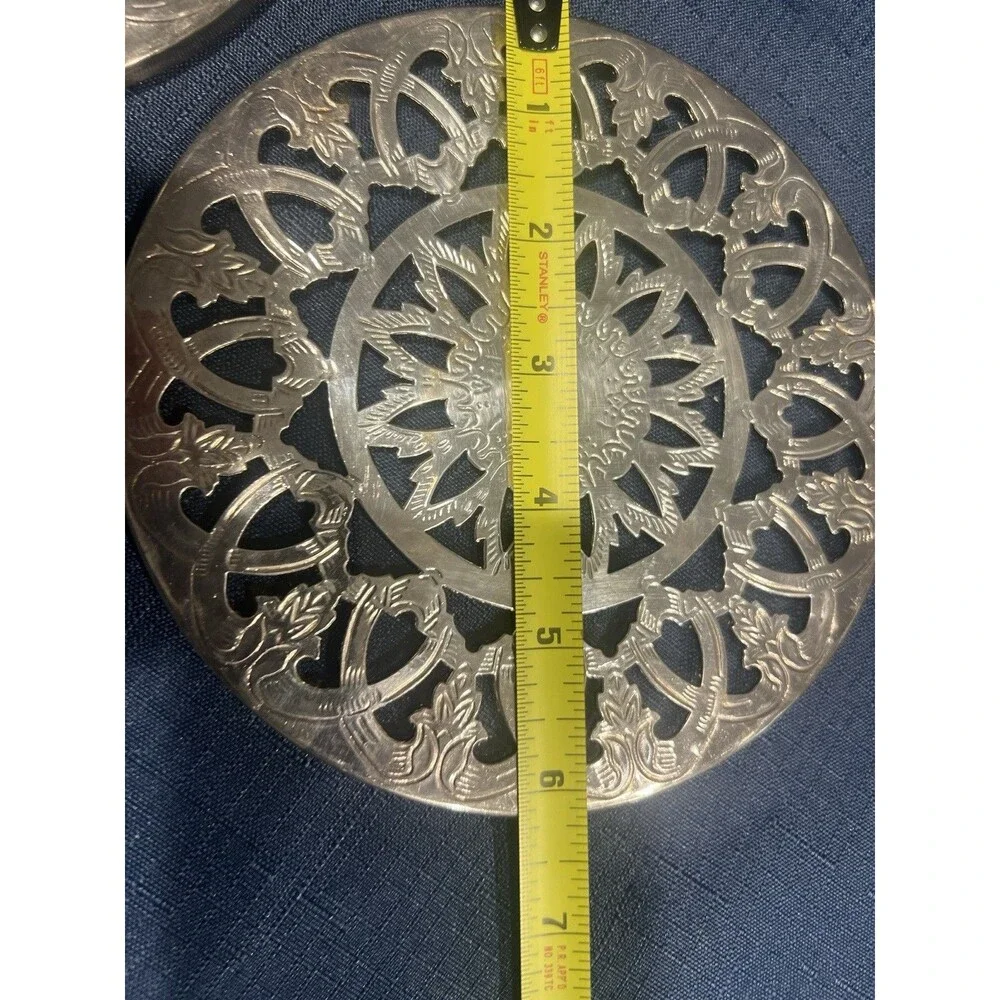 Leonard Silver Plate Glass Trivets Hot Plate Ornate Pierced Design 6 1/8” VTG